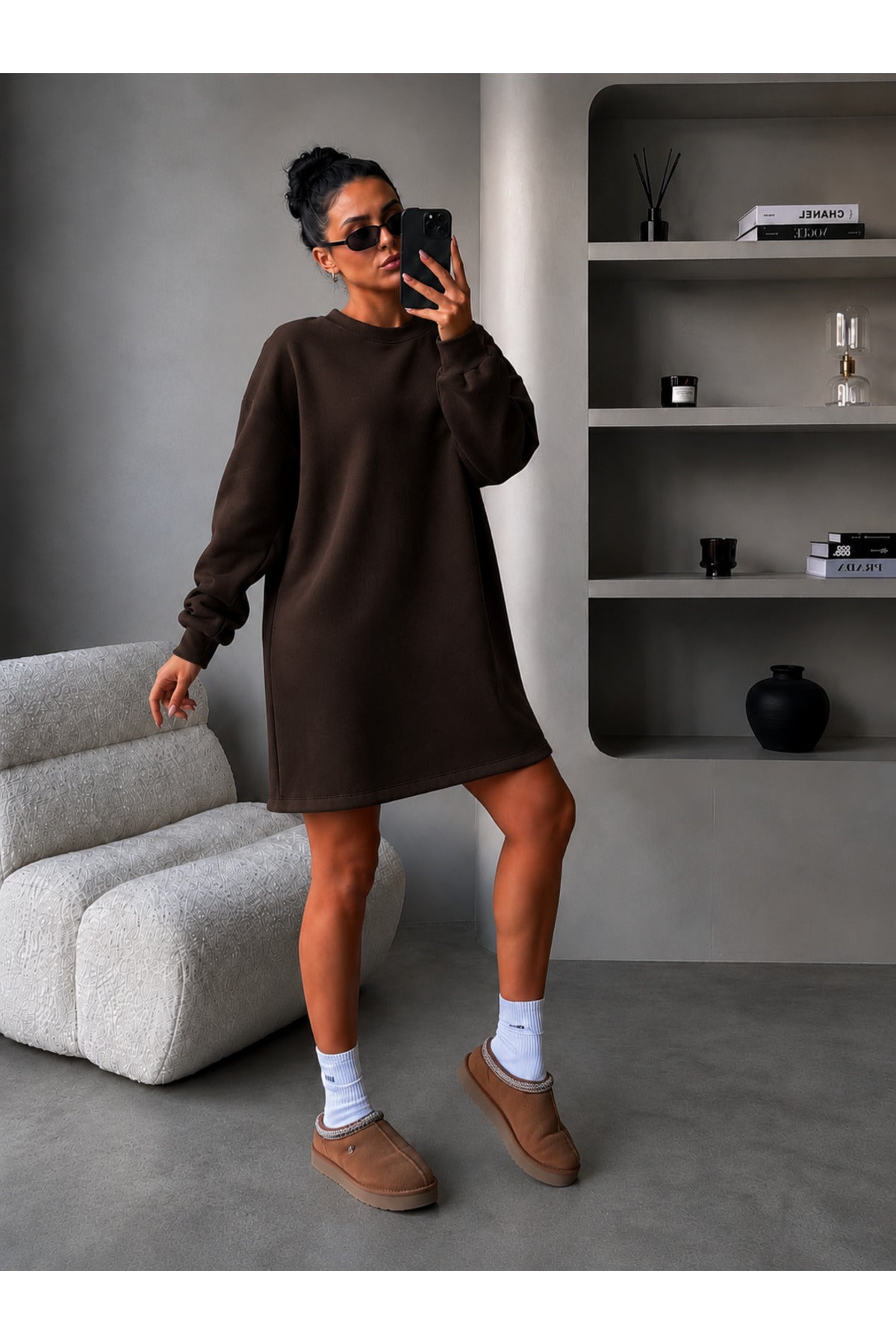 Kadin 3 İ̇pli̇k Yeni̇ Uzun Kollu Bi̇si̇klet Yaka Rahat Sweatshirt Elbi̇se - Kahverengi - 4