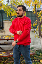 Erkek Kırmızı Bisiklet Yaka İçi Polarlı 3 İplik Pamuklu Regular Fit Unisex Sweatshirt - Kırmızı - 5
