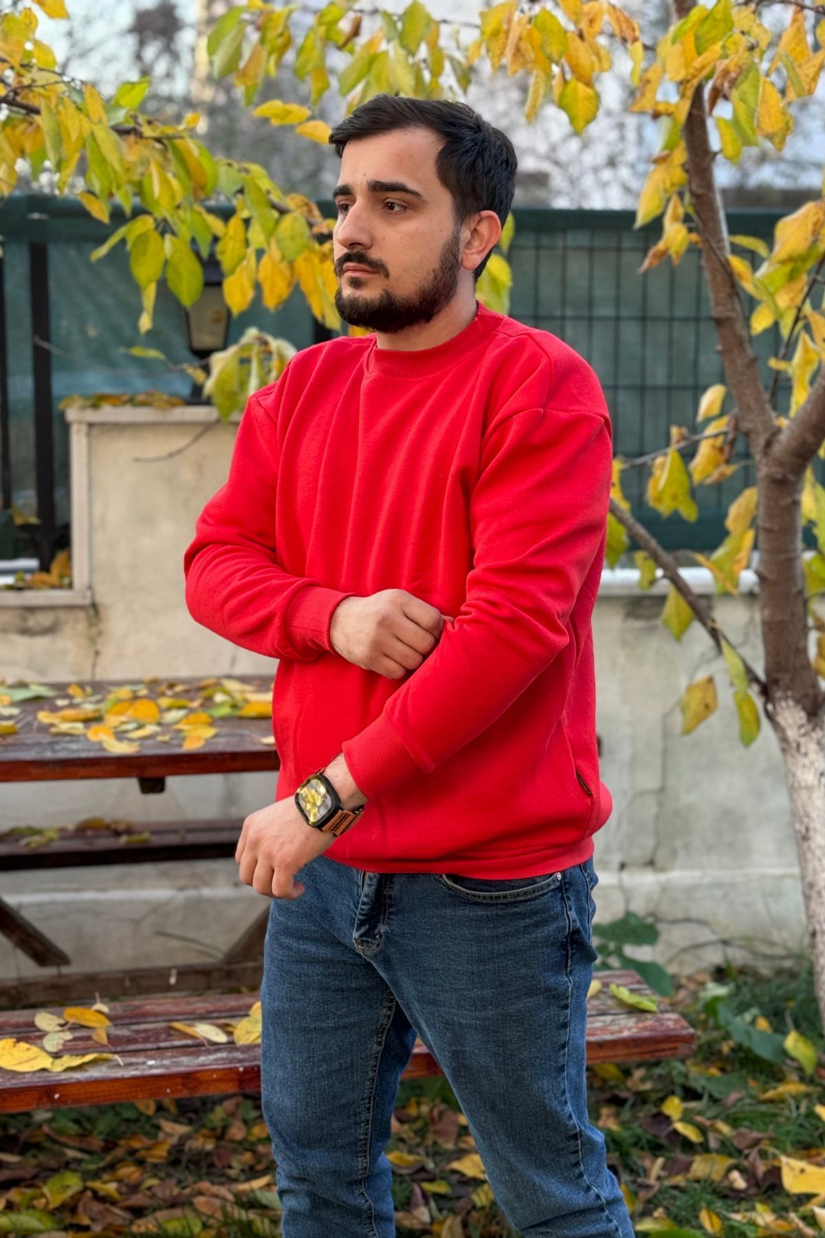 Erkek Kırmızı Bisiklet Yaka İçi Polarlı 3 İplik Pamuklu Regular Fit Unisex Sweatshirt - Kırmızı - 5