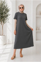 Kadın Oversize Tesettüre Uyumlu Rahat Günlük Salaş Fitilli Elbise - Füme - 2