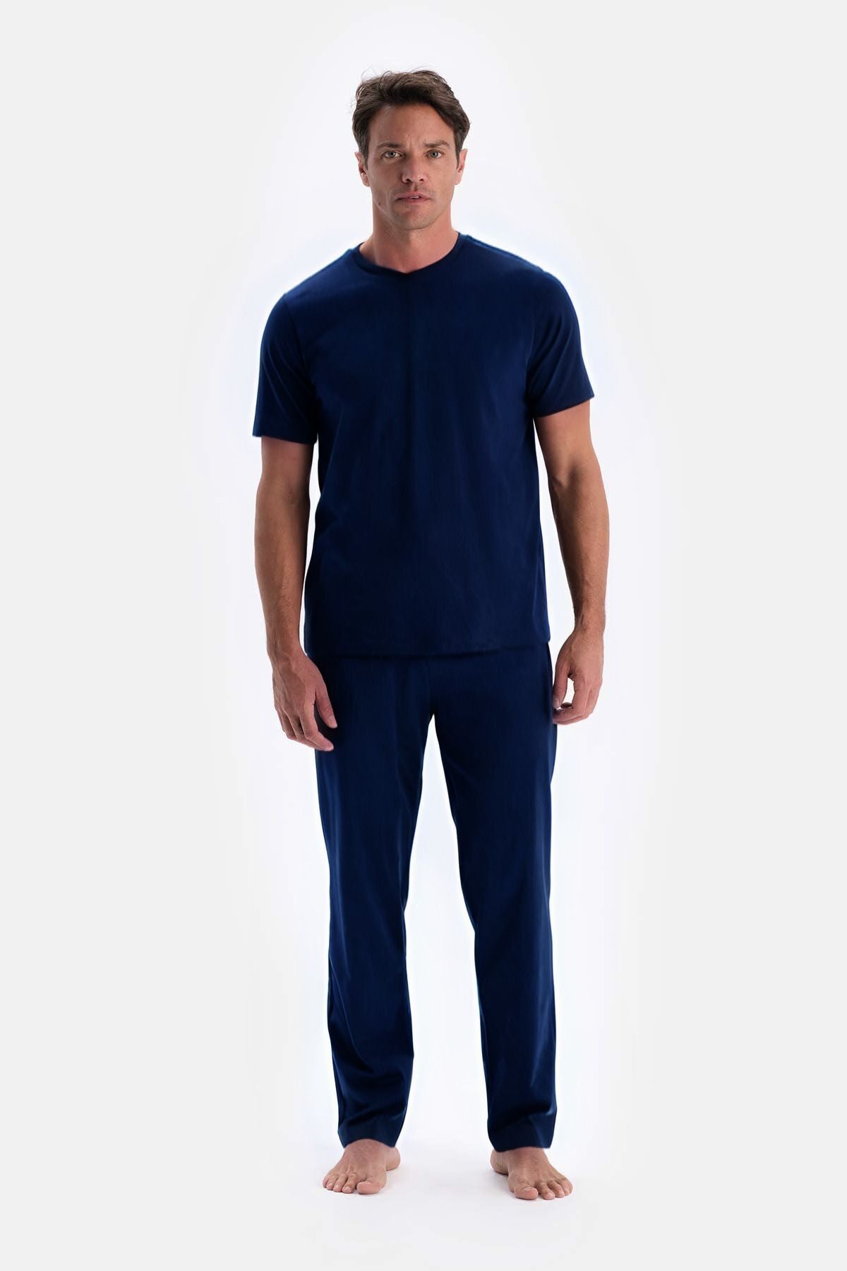 Erkek Lacivert Batik T-shirt Alt Üst Penye Pijama Takımı - Lacivert - 5
