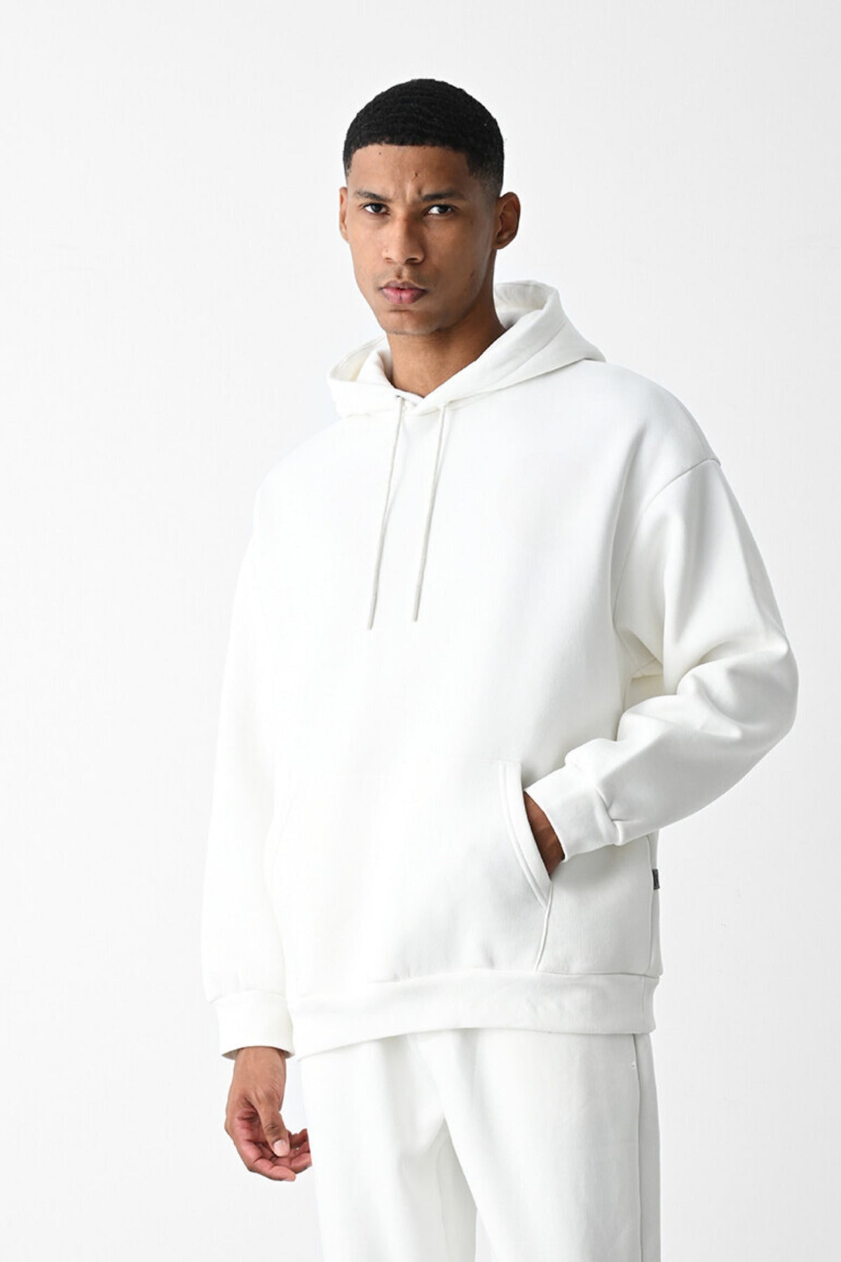 Erkek Kapşonlu Kanguru Cep Kışlık Sweatshirt - Beyaz - 1