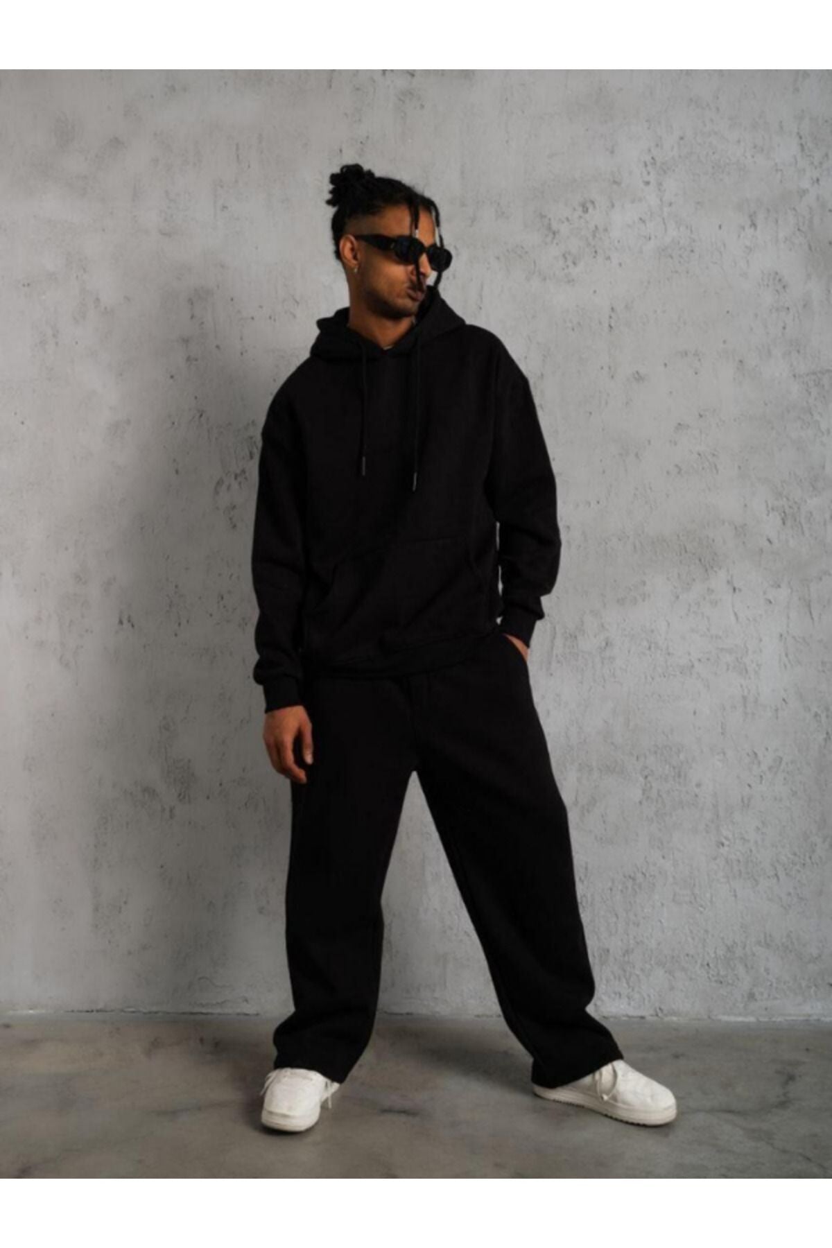 Erkek Siyah 3 İ̇plik Kapşonlu Kanguru Cep Hoodie Eşofman Takımı - Siyah - 4