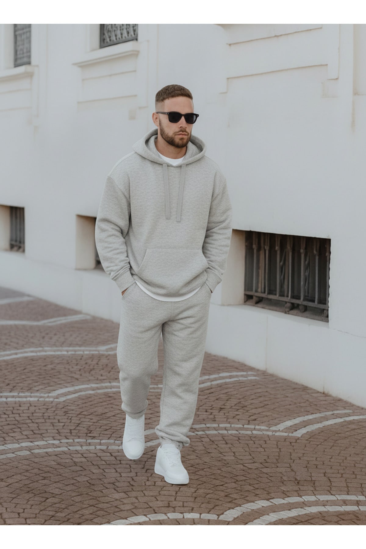 Erkek 3 İ̇pli̇k Şardonlu Oversi̇ze Kapüşonlu Eşofman Takimi - Gri Melanj - 2