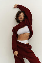 Kadın Oversize Rahat Kalıp Bisiklet Yaka Eşofman Takıım - Bordo - 1