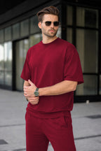 Erkek Basic Oversize Takım Kısa Kollu Penye Konforlu Kombin - Bordo - 2