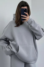 Kadın Oversize Trend Model Kanguru Cep Kapşonlu Sweatshirt Eşofman Takımı - Soft Gri - 2