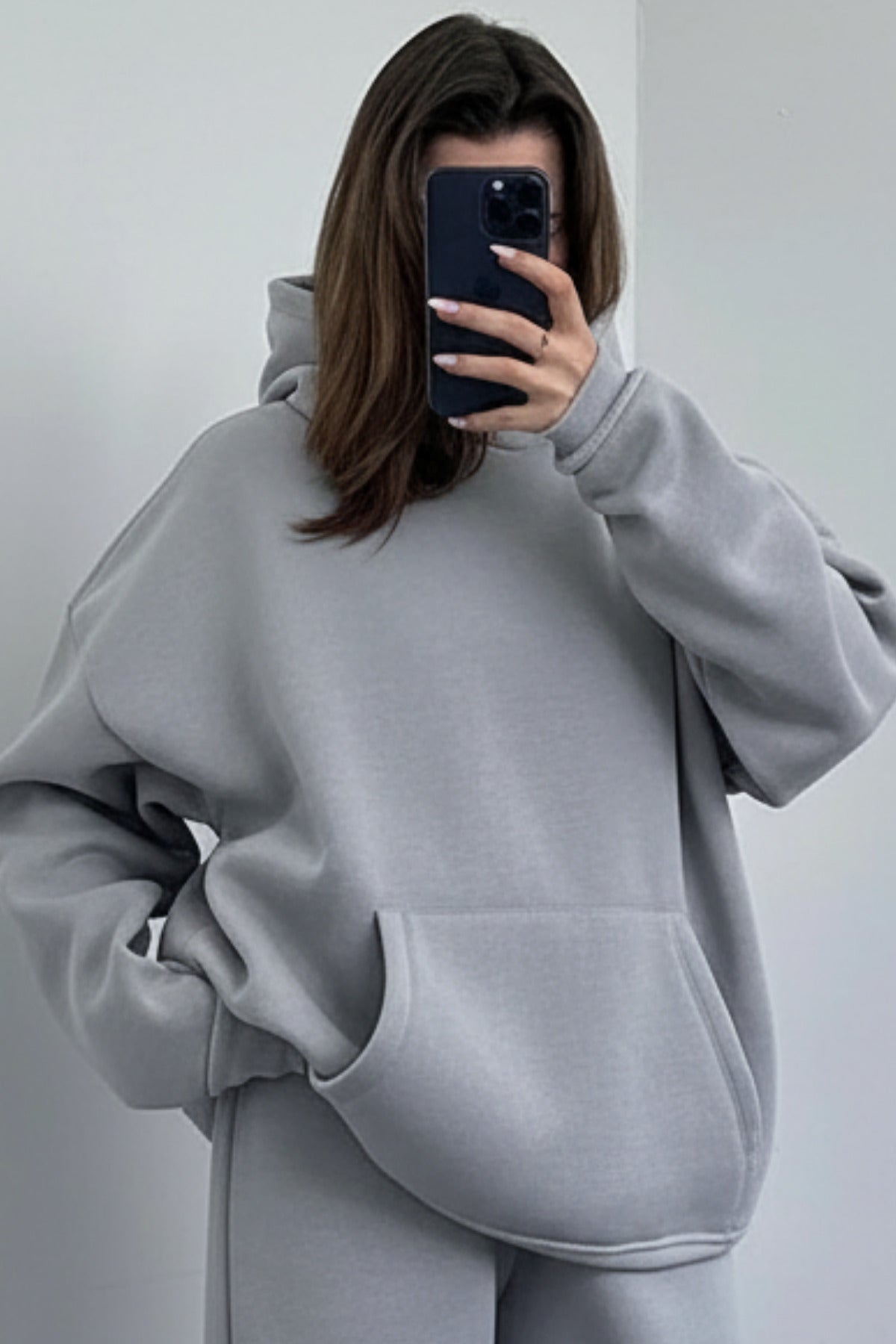 Kadın Oversize Trend Model Kanguru Cep Kapşonlu Sweatshirt Eşofman Takımı - Soft Gri - 2
