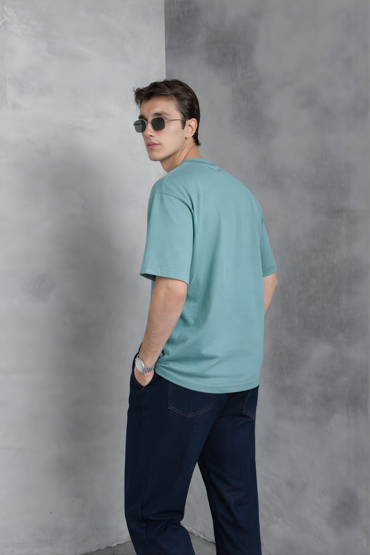 Erkek Siyah Basic Oversize Tişört Rahat Kalıp Düz Minimal Pamuklu Günlük T-shirt - Turkuaz - 2