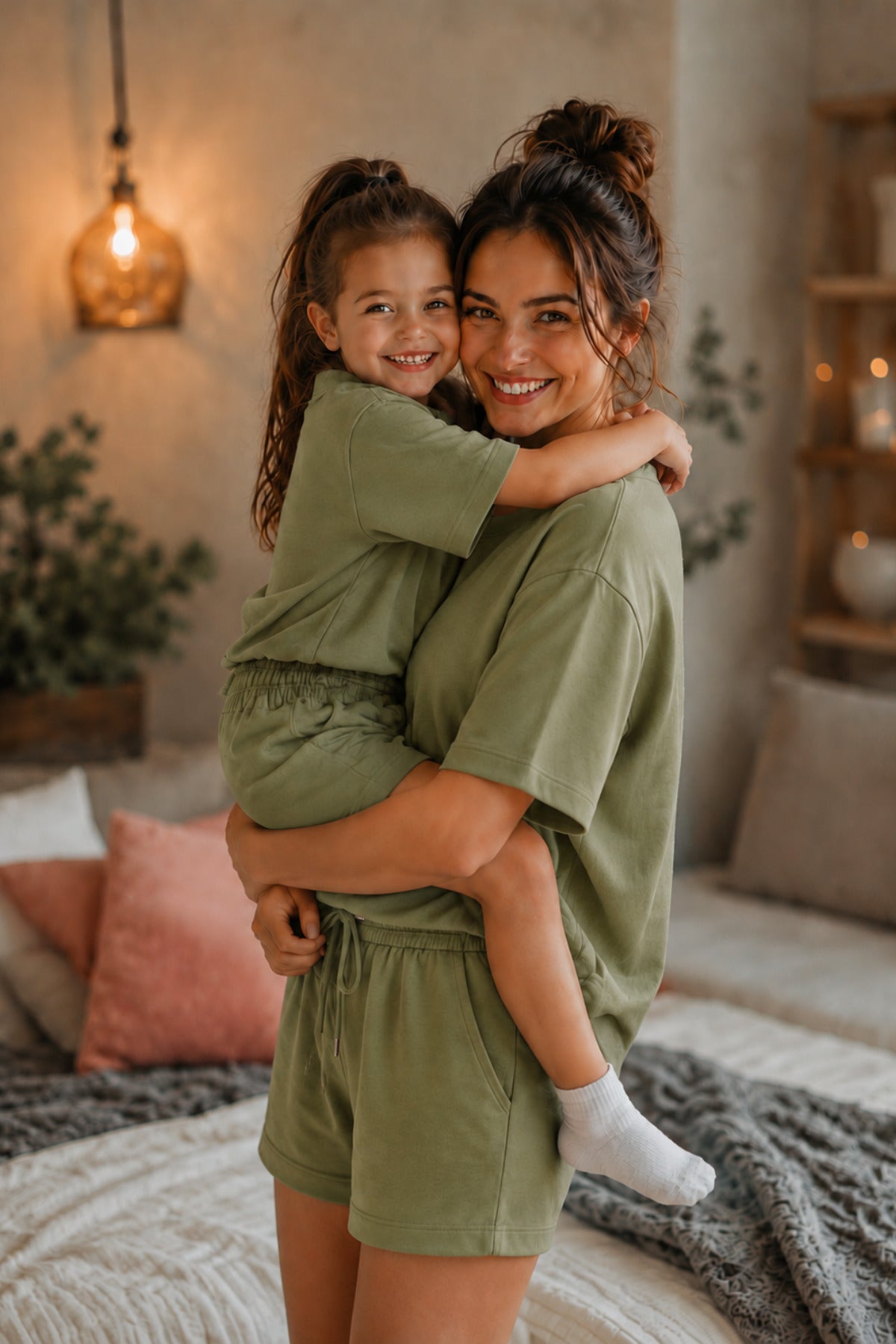 Anne Çocuk Kisa Kollu Oversize Esnek Rahat Beli̇ Bağcikli Modern Kesi̇m Trend Yazlik Günlük Alt Üst Takim - Yeşil - 1