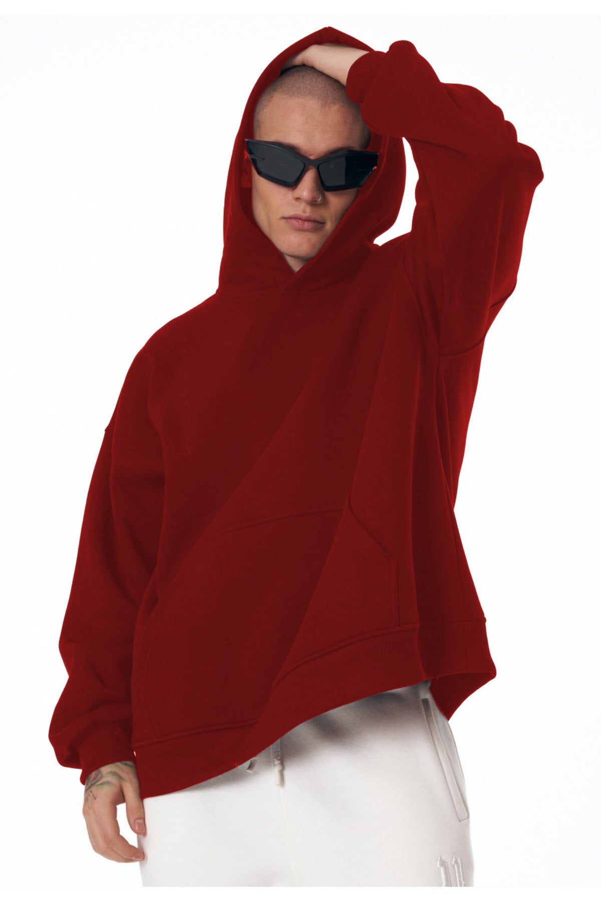 Erkek Bol Kesim Oversize 3 İ̇plik İ̇çi Pamuklu Şardonlu Kanguru Cep Kapşonlu Kışlık Hoodie Sweatshirt - Kırmızı - 1