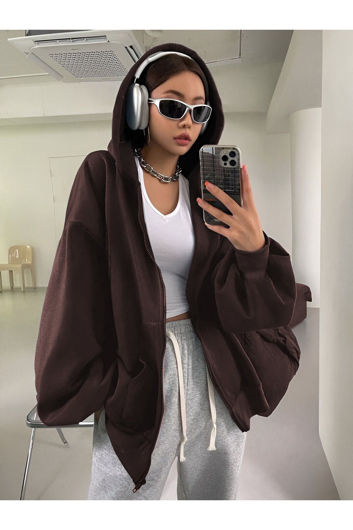 Kadın Kahverengi Fermuarlı Oversize 3i̇plik Polar Sweatshirt Hırka - Kahverengi - 2