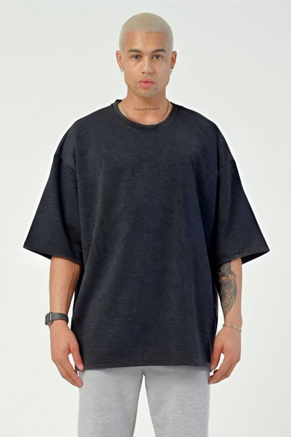 Erkek Oversize Penye Nefes Alan T-shirt - ANTRASİT - 1