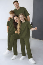 Unisex Kisa Kollu Modal 2 İ̇pli̇k Bisiklet Yaka Oversize Yazlik Ai̇le Kombi̇ni̇ (tekli̇) - Yeşil - 2