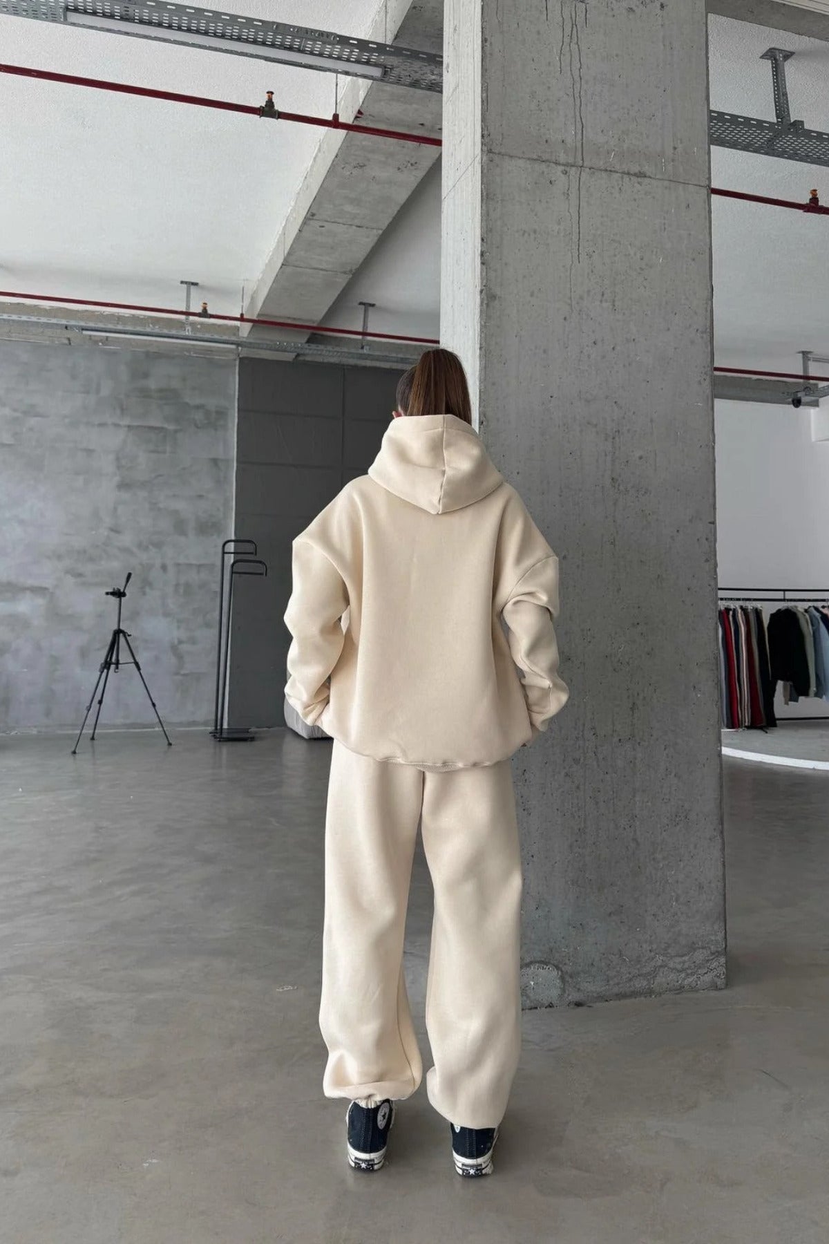Kadın Paçası Lastikli Jogger Oversize Kışlık Eşofman Takımı - Vizon - 4