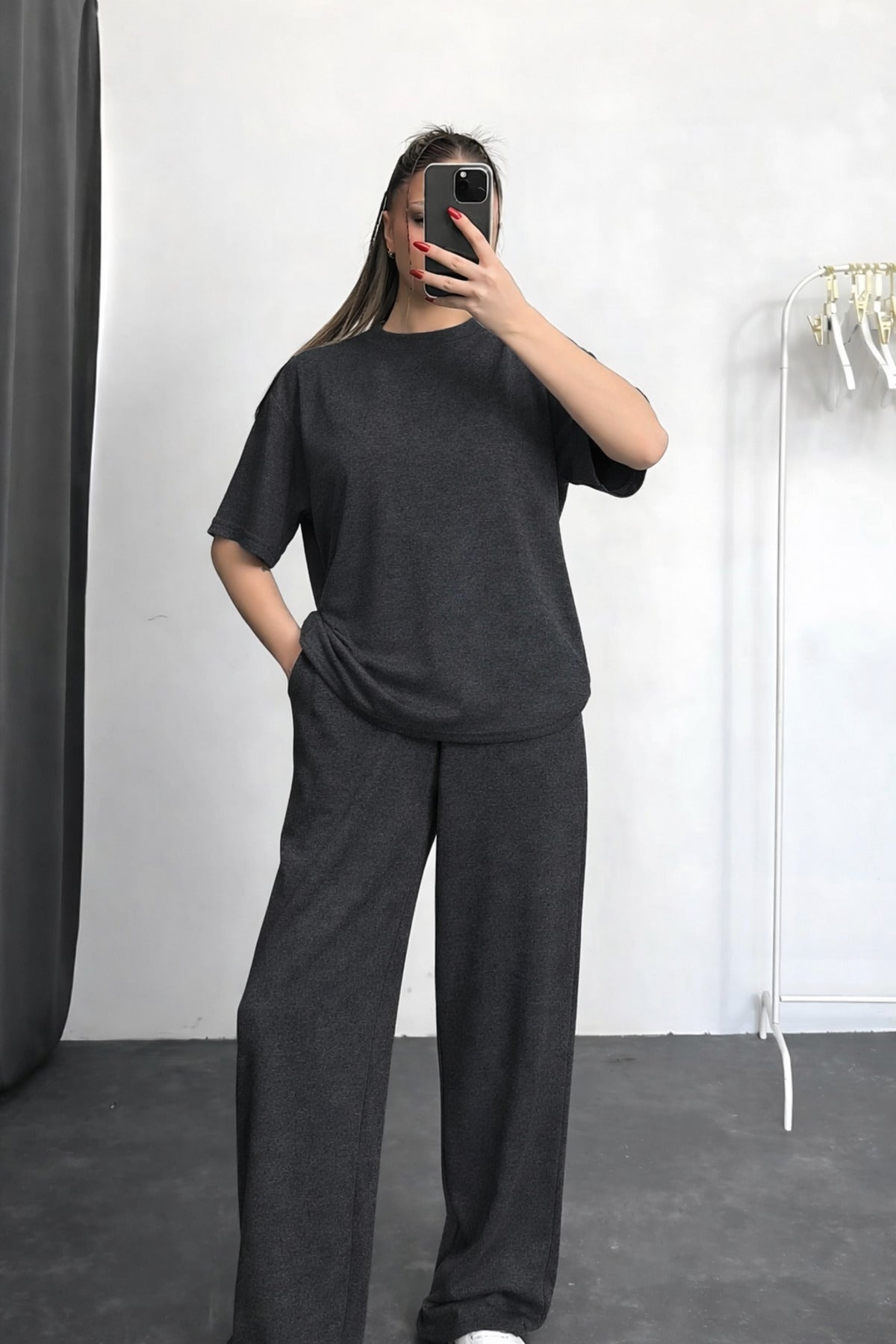 Kadın Kısa Kollu Oversize Süper Yüksek Bel Esnek Bisiklet Yaka Eşofman Takımı - Antrasit Melanj - 3