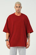 Erkek Oversize Penye Nefes Alan T-shirt - Kırmızı - 1