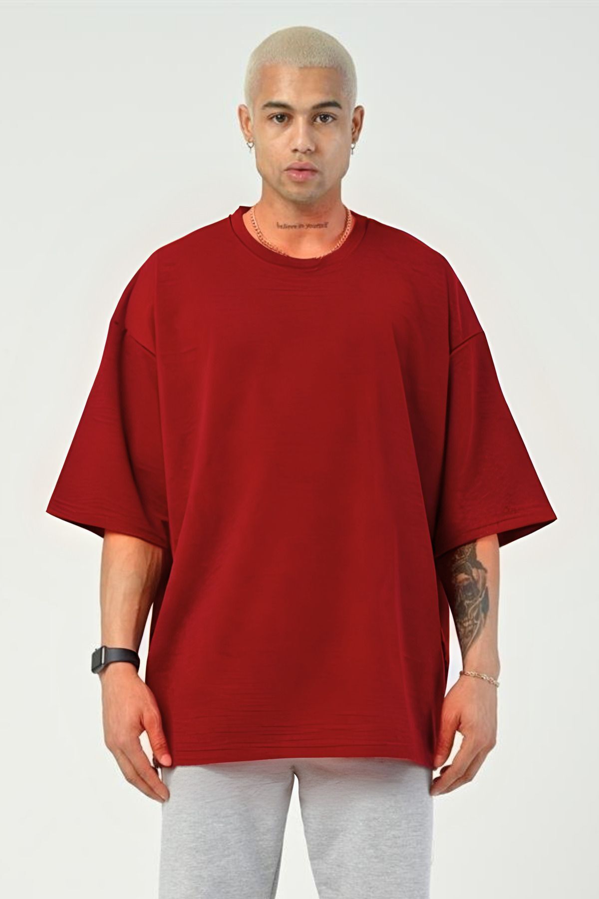 Erkek Oversize Penye Nefes Alan T-shirt - Kırmızı - 1