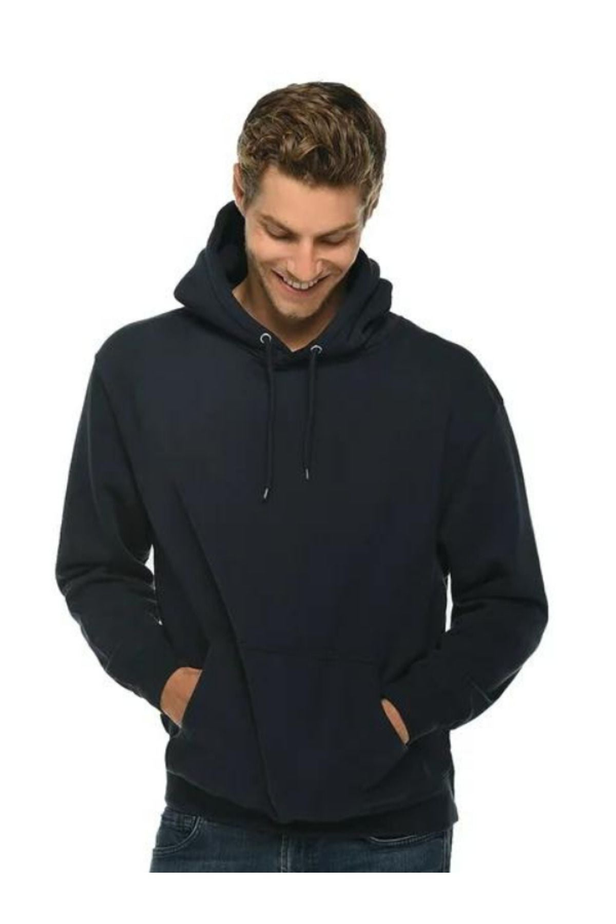 Unisex Lacivert Baskısız Kanguru Cepli Kapüşonlu 3 İ̇plik Şardonlu Sweatshirt Oversize Hoodie - Lacivert - 4