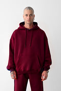 Erkek Bol Kesim Oversize 3 İplik İçi Pamuklu Şardonlu Kanguru Cep Kapşonlu Kışlık Hoodie Sweatshirt - Bordo - 1