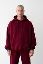 Erkek Bol Kesim Oversize 3 İplik İçi Pamuklu Şardonlu Kanguru Cep Kapşonlu Kışlık Hoodie Sweatshirt - Bordo - 1