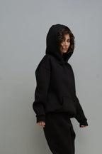 Kadın 3 İ̇plik İ̇çi Pamuklu Kanguru Cep Regular İ̇çi Pamuklu Oversize Sweatshirt - Siyah - 2
