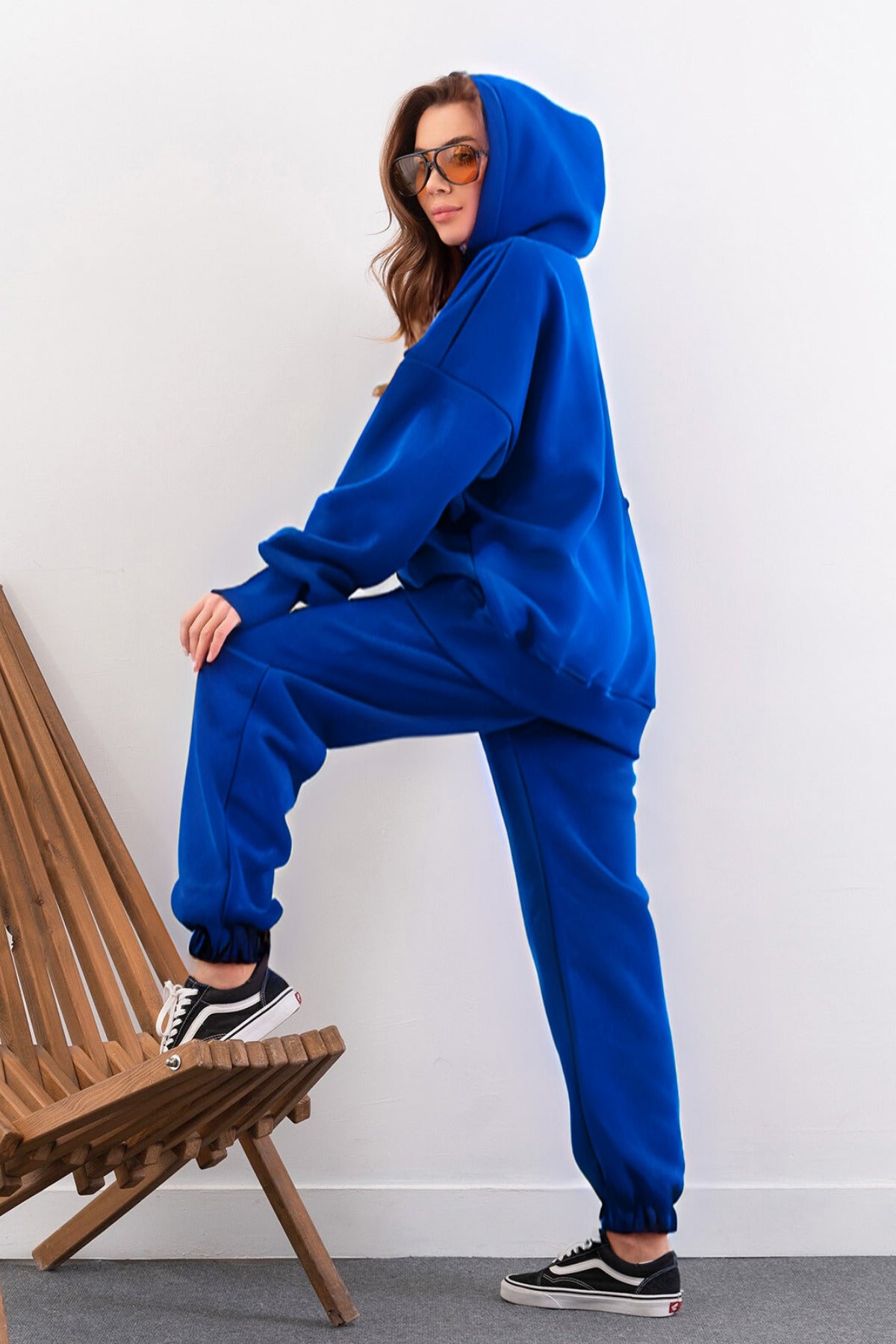 Kadın Yüksek Bel 3 İ̇plik Kalın Şardonlu Oversize Fit Jogger Eşofman Takımı - Saks Mavisi - 3