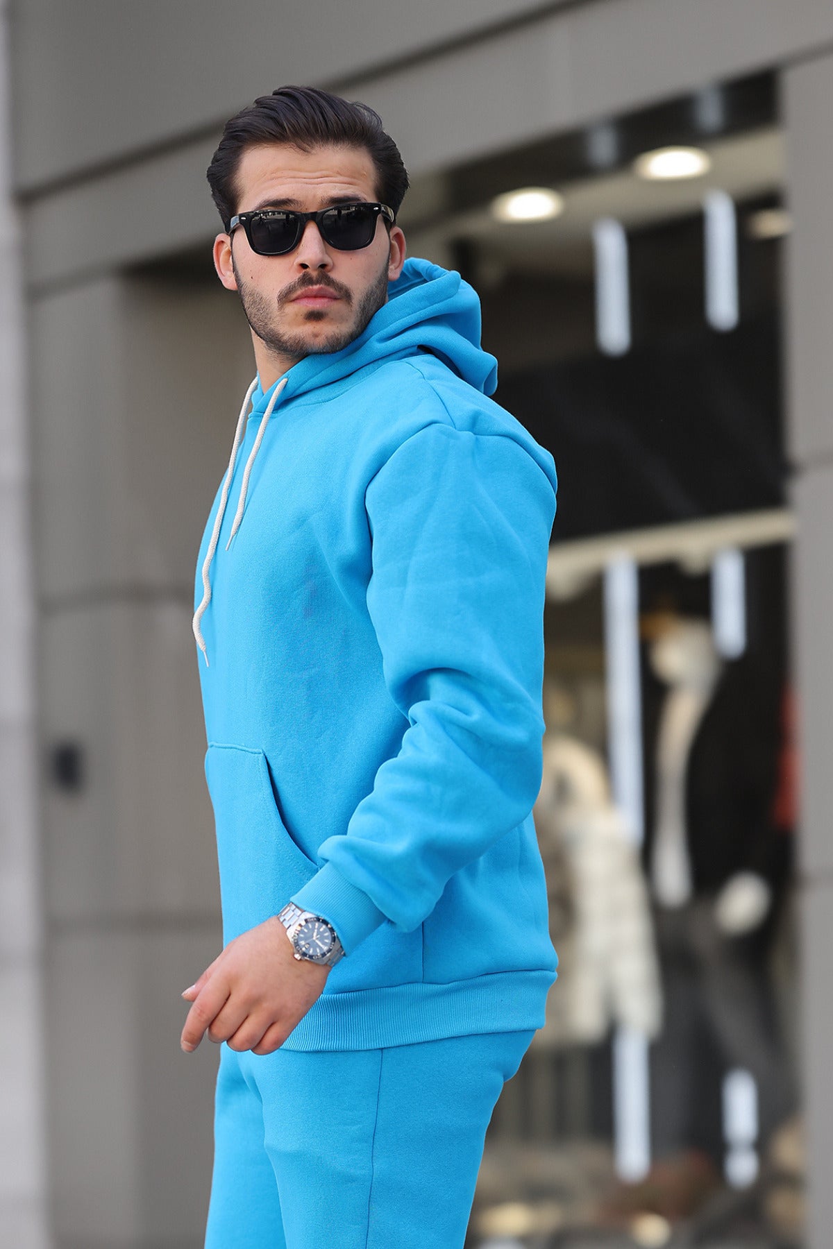 Erkek Bol Kesim Oversize 3 İ̇plik İ̇çi Pamuklu Şardonlu Kanguru Cep Kapşonlu Kışlık Hoodie Sweatshirt - Turkuaz - 2