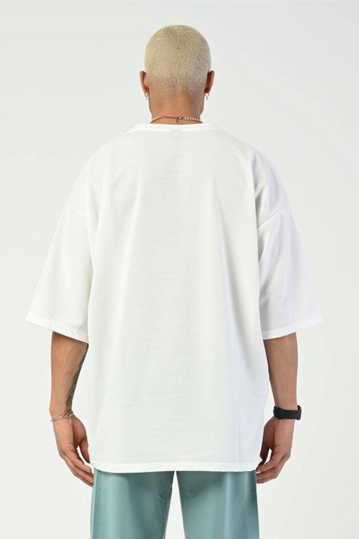 Erkek Oversize Penye Nefes Alan T-shirt - Beyaz - 3