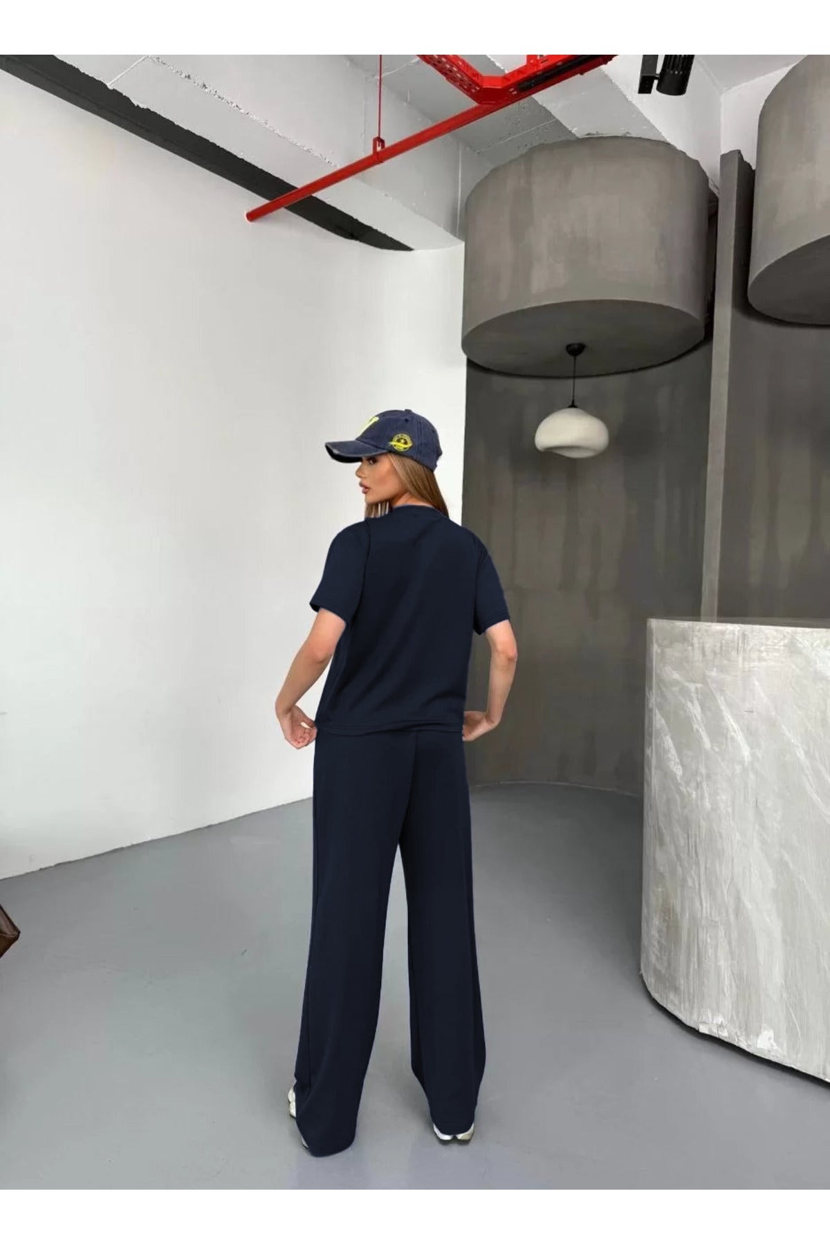 Kadın Modal Oversize Bol Paça Yüksek Bel 2 İ̇plik Alt Üst Takım - Lacivert - 4