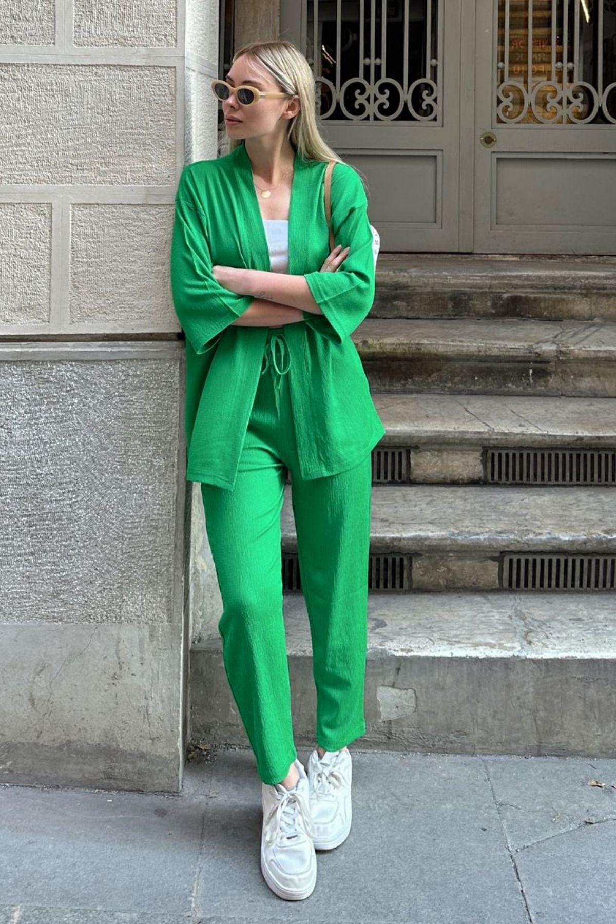 Kadın Dökümlü Bürümcük Yazlık Palazzo Trend Kimono Takım - Yeşil - 5