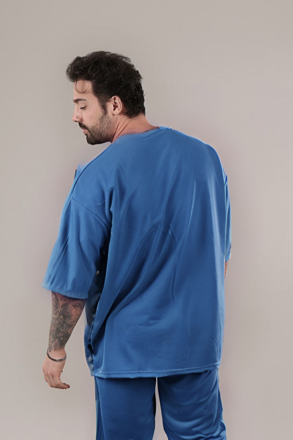 Erkek Oversize Comfort Penye T-shirt - İndigo - 4