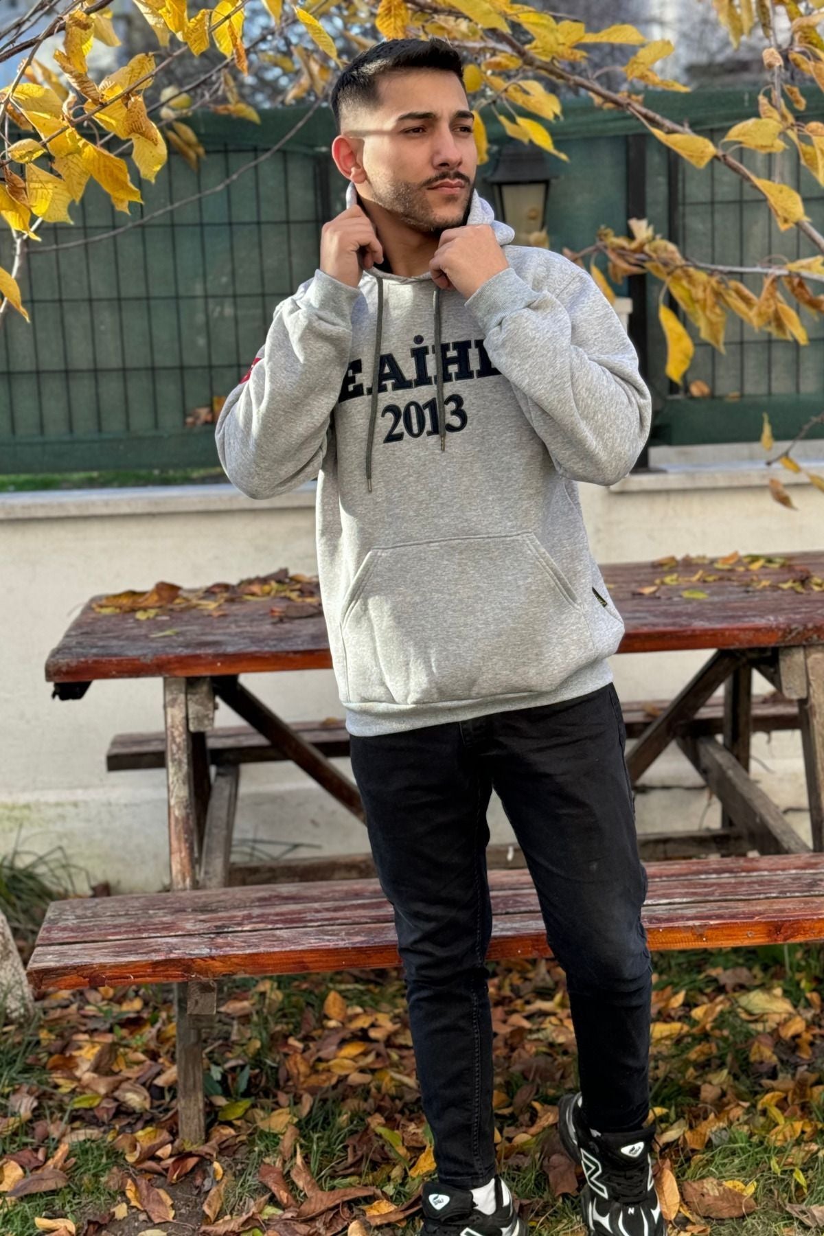 Unisex Eai̇hl Nakışlı Baskılı İ̇çi Polarlı Oversize Kapüşonlu Hoodie Sweatshirt - Gri - 4