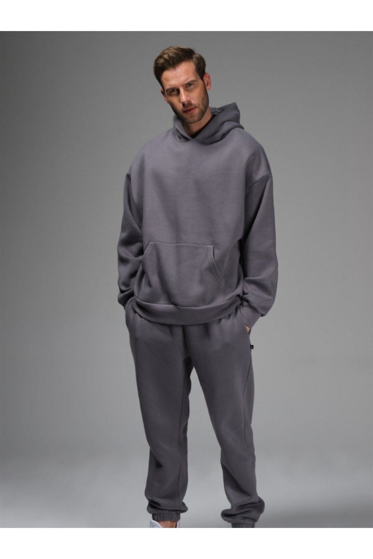 Erkek 3 İ̇pli̇k İ̇çi̇ Pamuklu Kalin Jogger Eşofman Takimi - Füme - 2