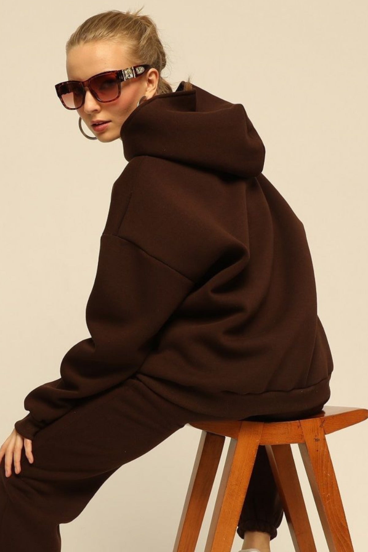 Kadın Salaş Bol Günlük Oversize Sweatshirt - Kahverengi - 2