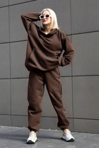 Kadin 3 İ̇pli̇k Jogger Paçasi Lasti̇kli̇ Hoodi̇e Eşofman Takimi - KAHVE - 2