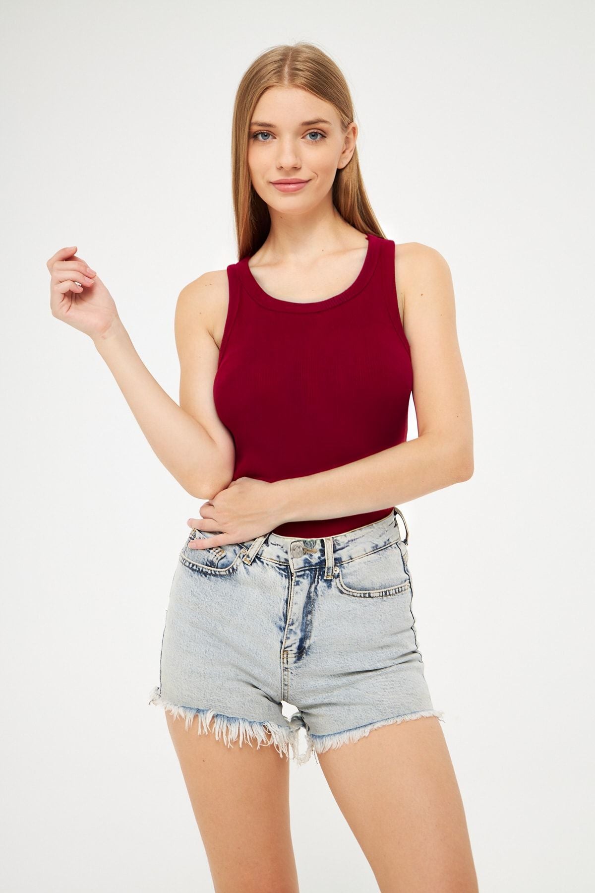 Kadın Bordo Fitilli Basic Örme Askılı Trend Spor Atlet - Bordo - 1