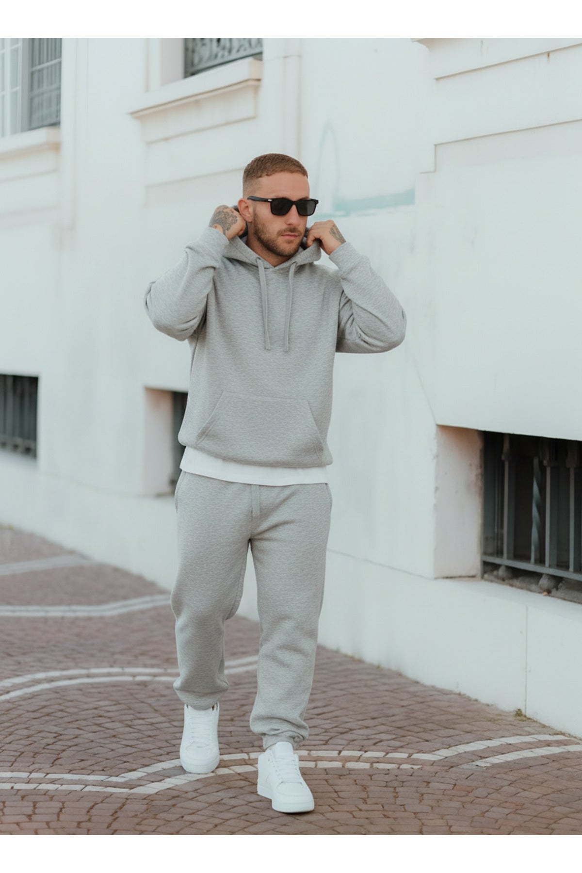 Erkek 3 İ̇pli̇k Şardonlu Oversi̇ze Kapüşonlu Eşofman Takimi - Gri Melanj - 4