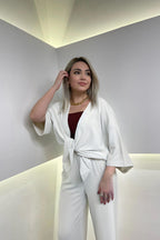 Kadın Bol Paça Kimono Alt Üst Takım - Beyaz - 2