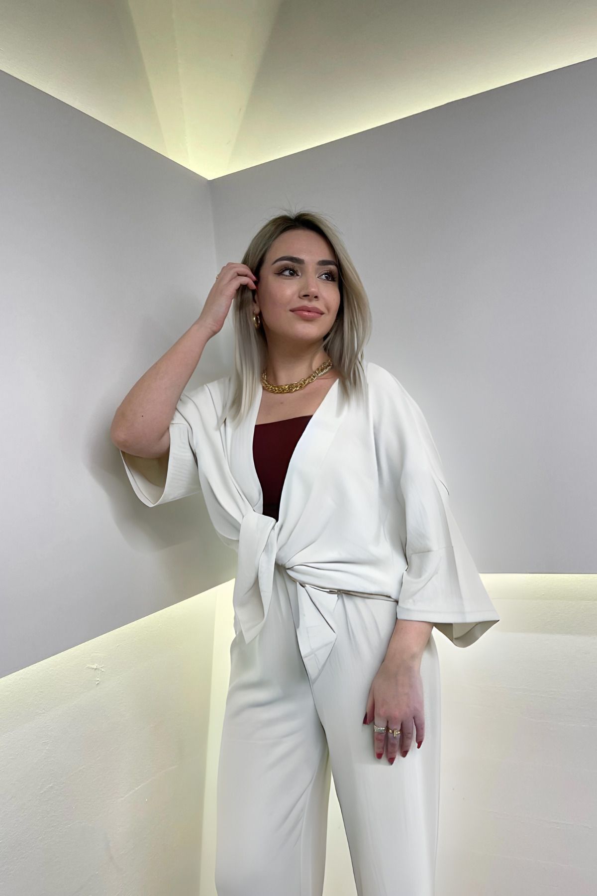 Kadın Bol Paça Kimono Alt Üst Takım - Beyaz - 2