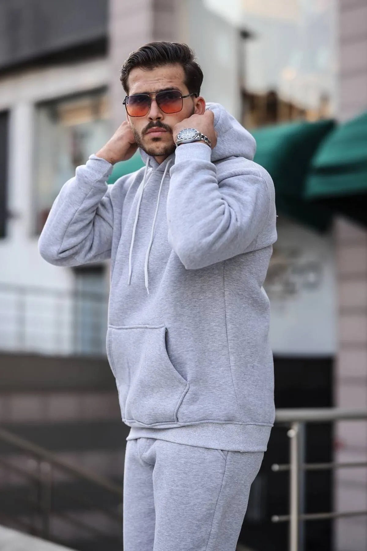 Erkek Oversize 3 İ̇plik İ̇çi Şardonlu Paçası Lastikli Kapüşonlu Kangur Cep Kalın Eşofman Takımı - Gri - 3