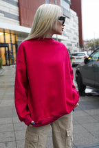 Kadın Kırmızı Uzun Kollu Sweatshirt Bisiklet Yaka Oversize Basic - Kırmızı - 4