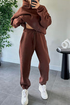 Kadın Oversize Trend Model Kanguru Cep Kapşonlu Sweatshirt Eşofman Takımı - Kahverengi - 6