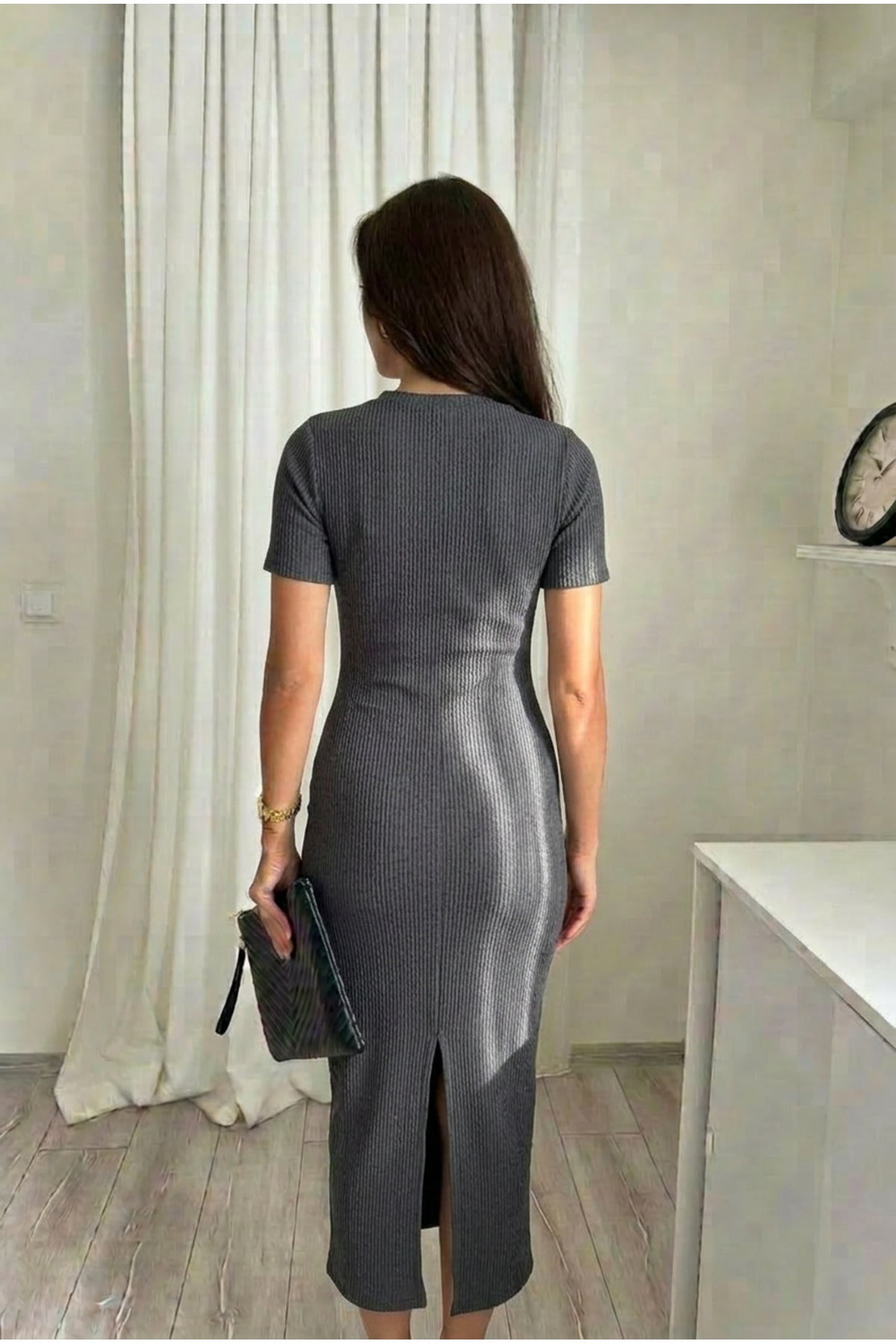 Kadın Kısa Kollu Likralı Vücuda Oturan Sportif Trend Fitilli Elbise - Füme1 - 3