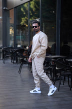 Erkek Unisex 3 İ̇plik Bej Takim Bisiklet Yaka Sweatshirt Ve Eşofman Altı - Bej - 5
