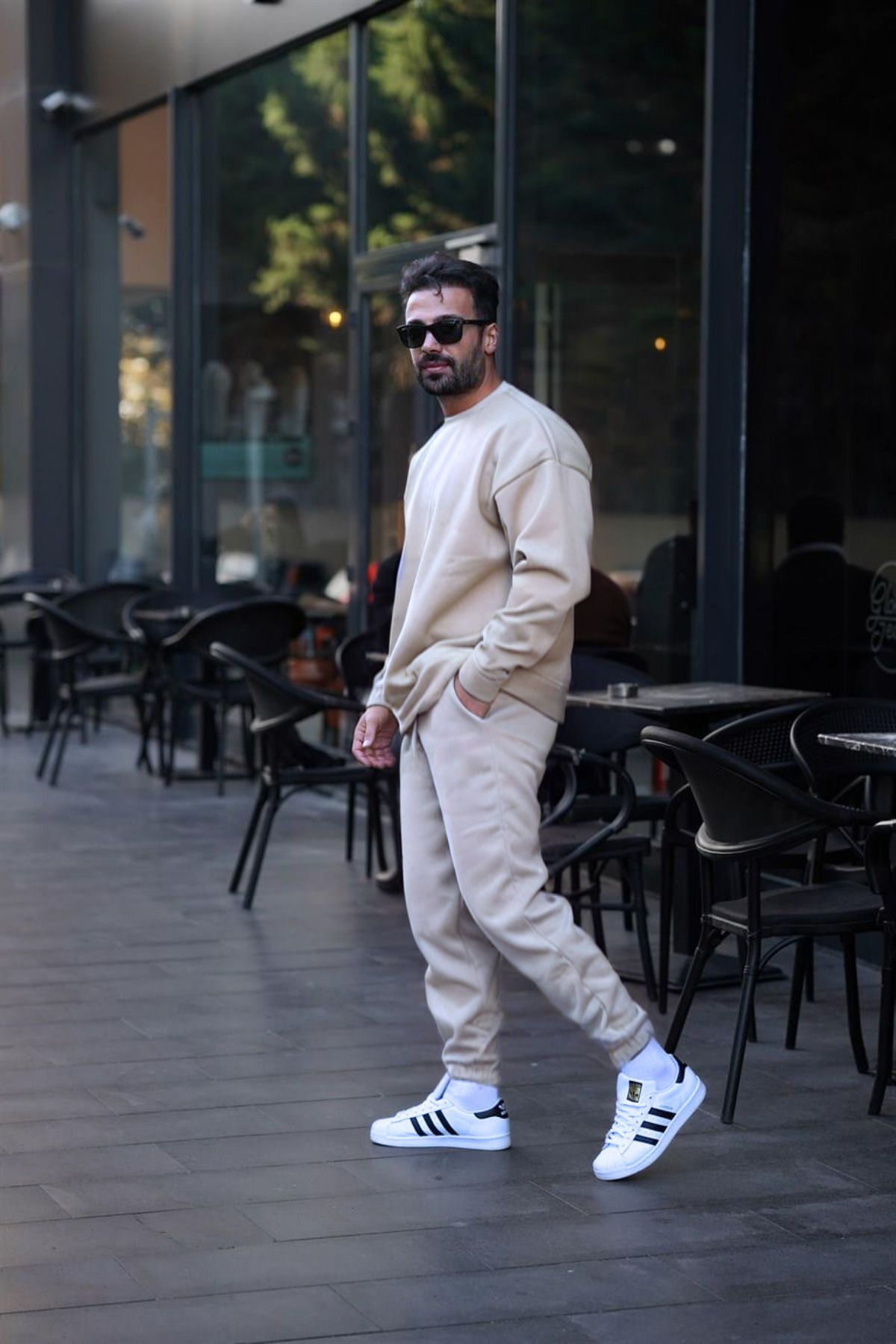 Erkek Unisex 3 İ̇plik Bej Takim Bisiklet Yaka Sweatshirt Ve Eşofman Altı - Bej - 5