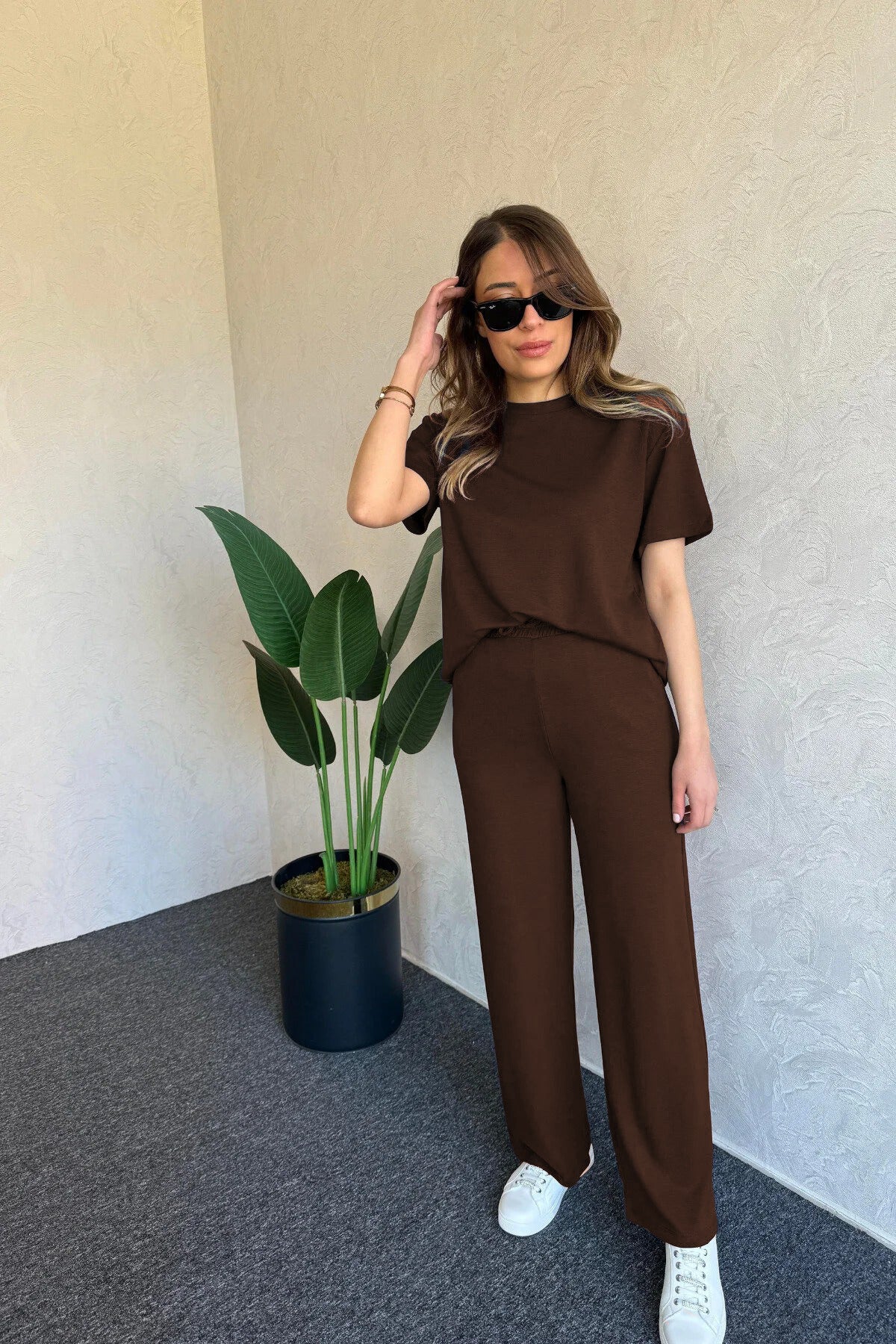 Modal Kumaş Kısa Kollu T-shirt & Pantolon Takımı - Kahverengi - 3