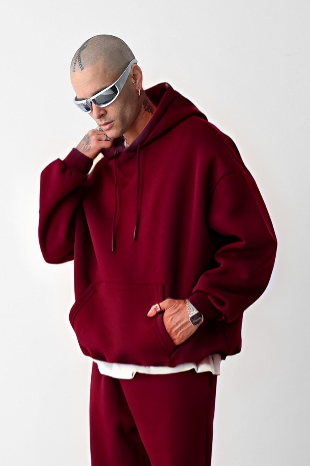 Erkek Bol Kesim Oversize 3 İplik İçi Pamuklu Şardonlu Kanguru Cep Kapşonlu Kışlık Hoodie Sweatshirt - Bordo - 2