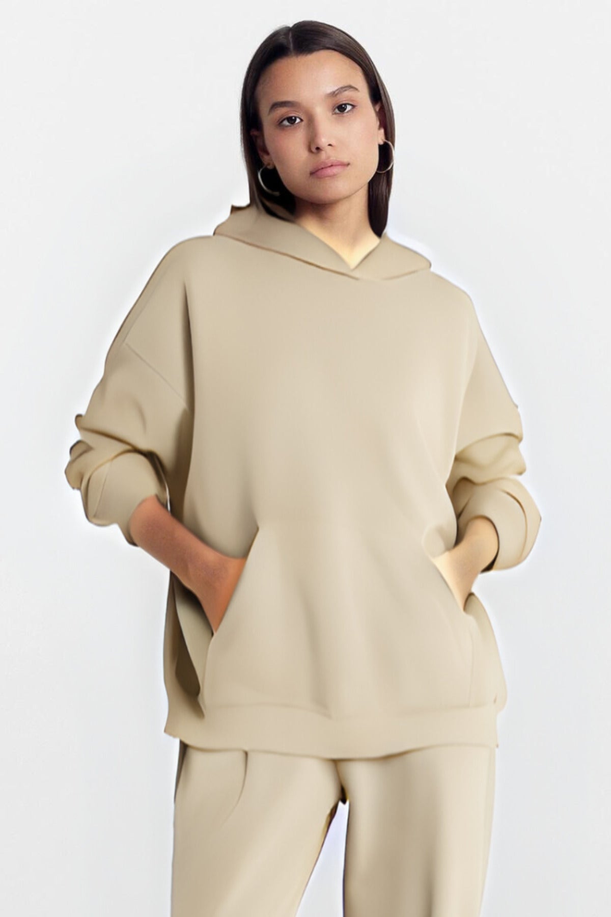 Kadın Baskısız Düz İ̇çi Şardonlu Kalın Kışlık Sweatshirt - Bej - 2