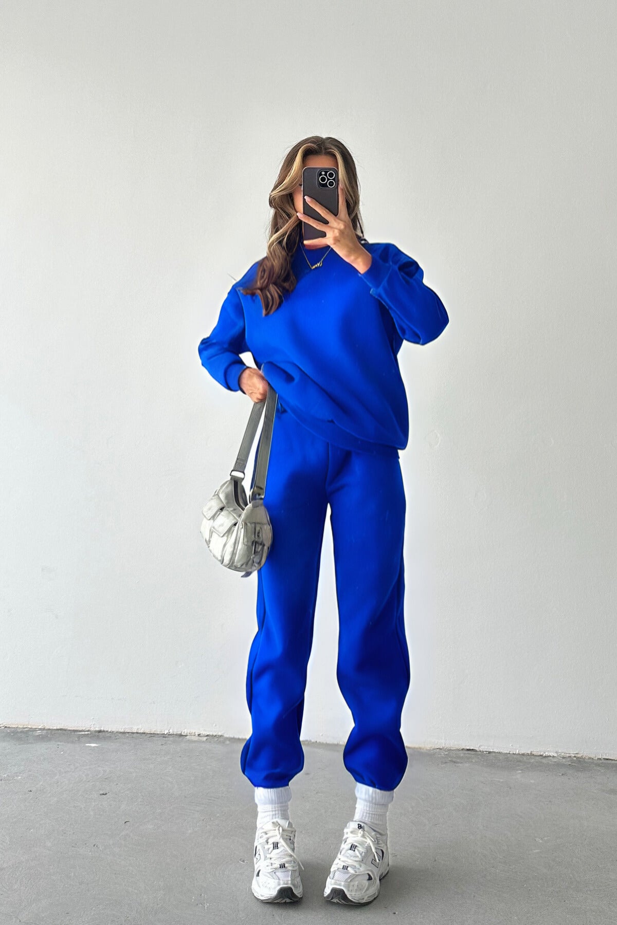 Kadın Oversize Geniş Kalıp Basic Pamuklu Eşofman Takıım - Saks Mavisi - 1
